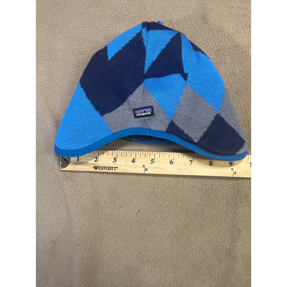 Patagonia‎ Kids Blue Geometric Knit Fleece Lined Earflap Beanie Hat